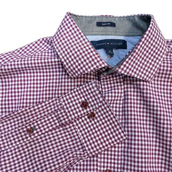 Tommy Hilfiger Slim Fit Button Up Long Sleeve Shirt Mens 15" Neck Purple Check - Picture 1 of 11